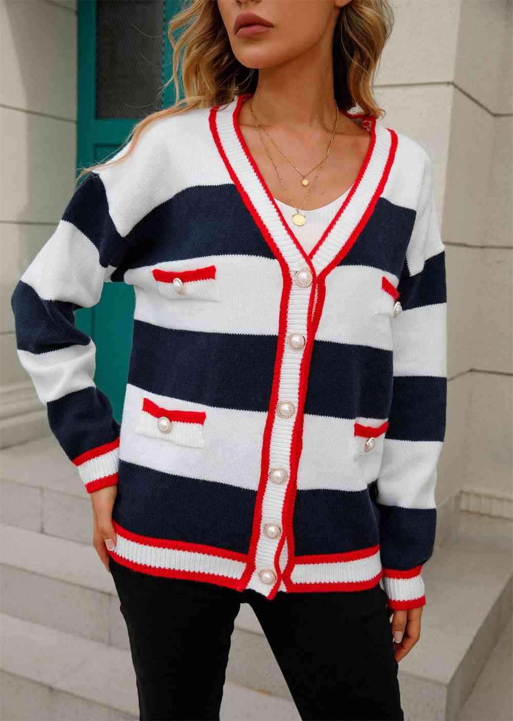 Color Block V-Neck Long Sleeve Cardigan - Ladyez