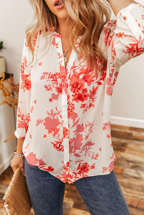 Floral Notched Long Sleeve Blouse - Ladyez