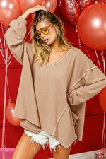 BiBi V-Neck Waffle Uneven Hem Top - Ladyez