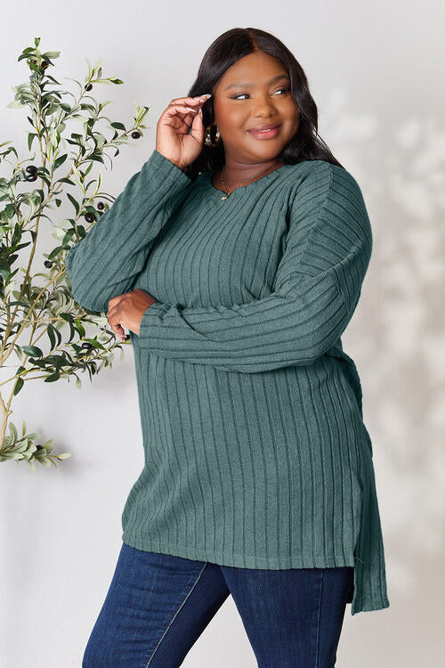 Basic Bae Full Size Ribbed Round Neck Long Sleeve Slit Top - Ladyez