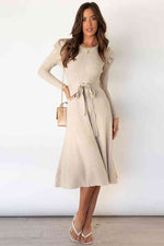 Round Neck Long Sleeve Tie Waist Sweater Dress - Ladyez