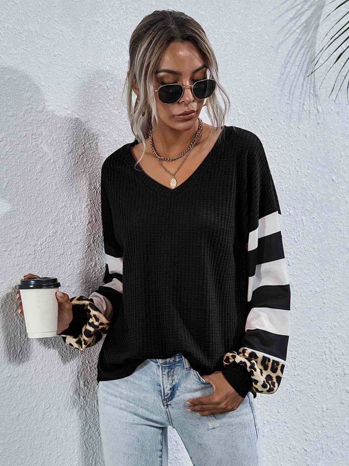 Leopard Striped Waffle-Knit Top - Ladyez
