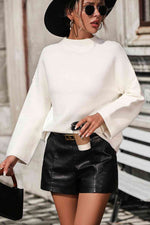 Mock Neck Dropped Shoulder Pullover Sweater - Ladyez