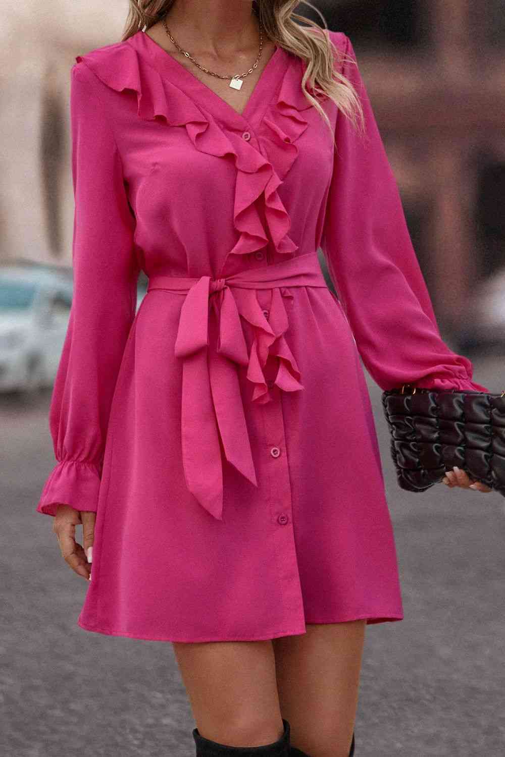 Ruffled Flounce Sleeve V-Neck Belted Dress - Ladyez