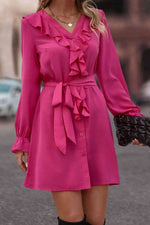 Ruffled Flounce Sleeve V-Neck Belted Dress - Ladyez