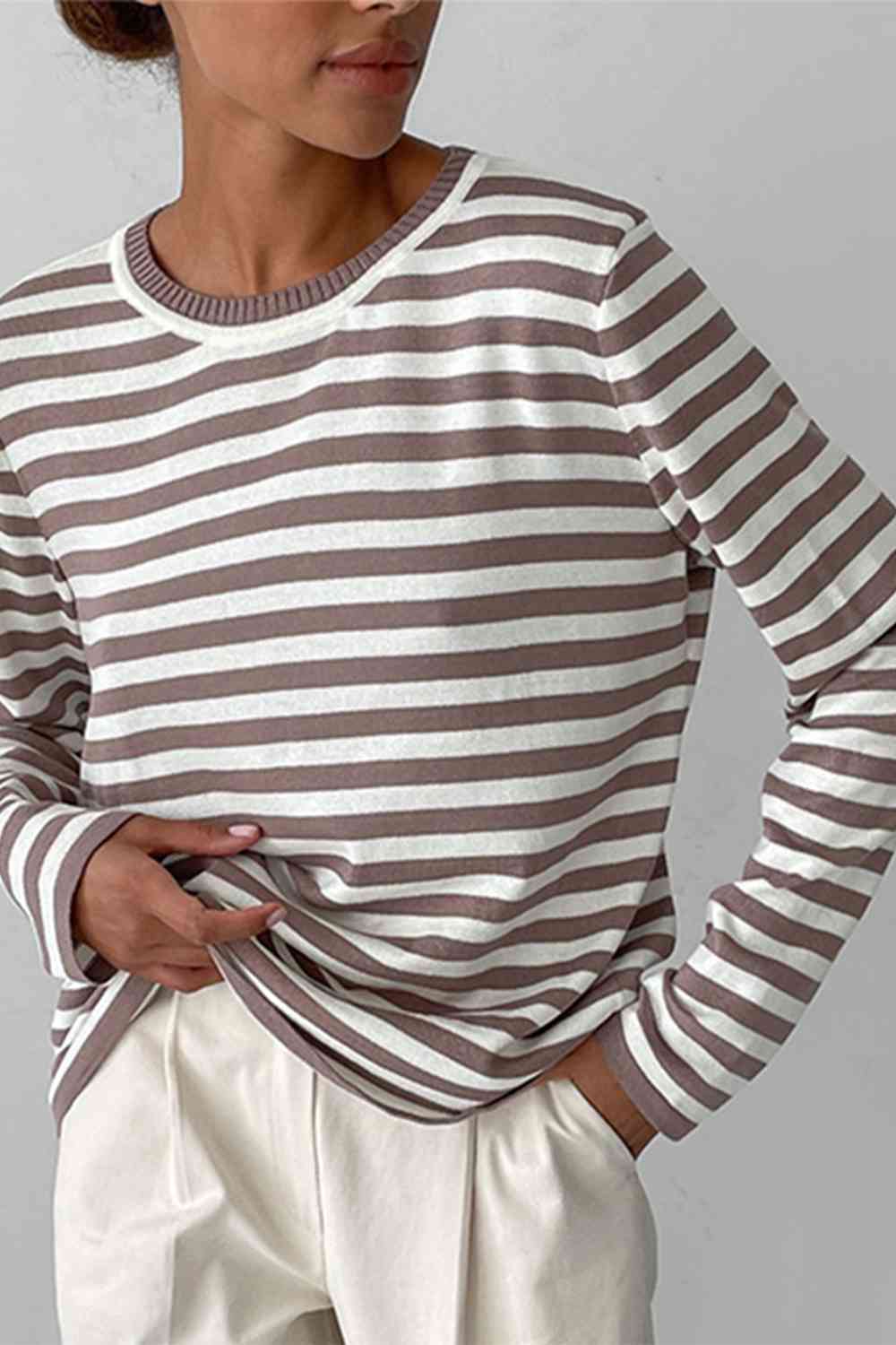 Striped Round Neck Long Sleeve Sweater - Ladyez