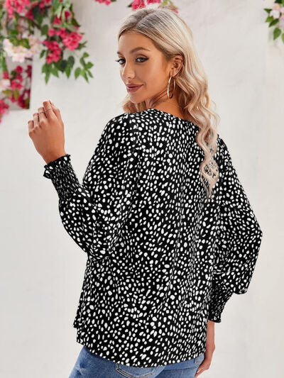 Printed V-Neck Lantern Sleeve Blouse - Ladyez