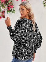Printed V-Neck Lantern Sleeve Blouse - Ladyez