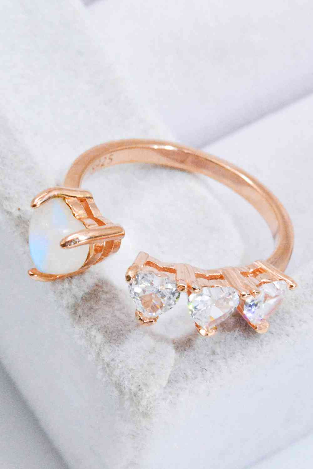 Natural Moonstone and Zircon Heart Open Ring - Ladyez