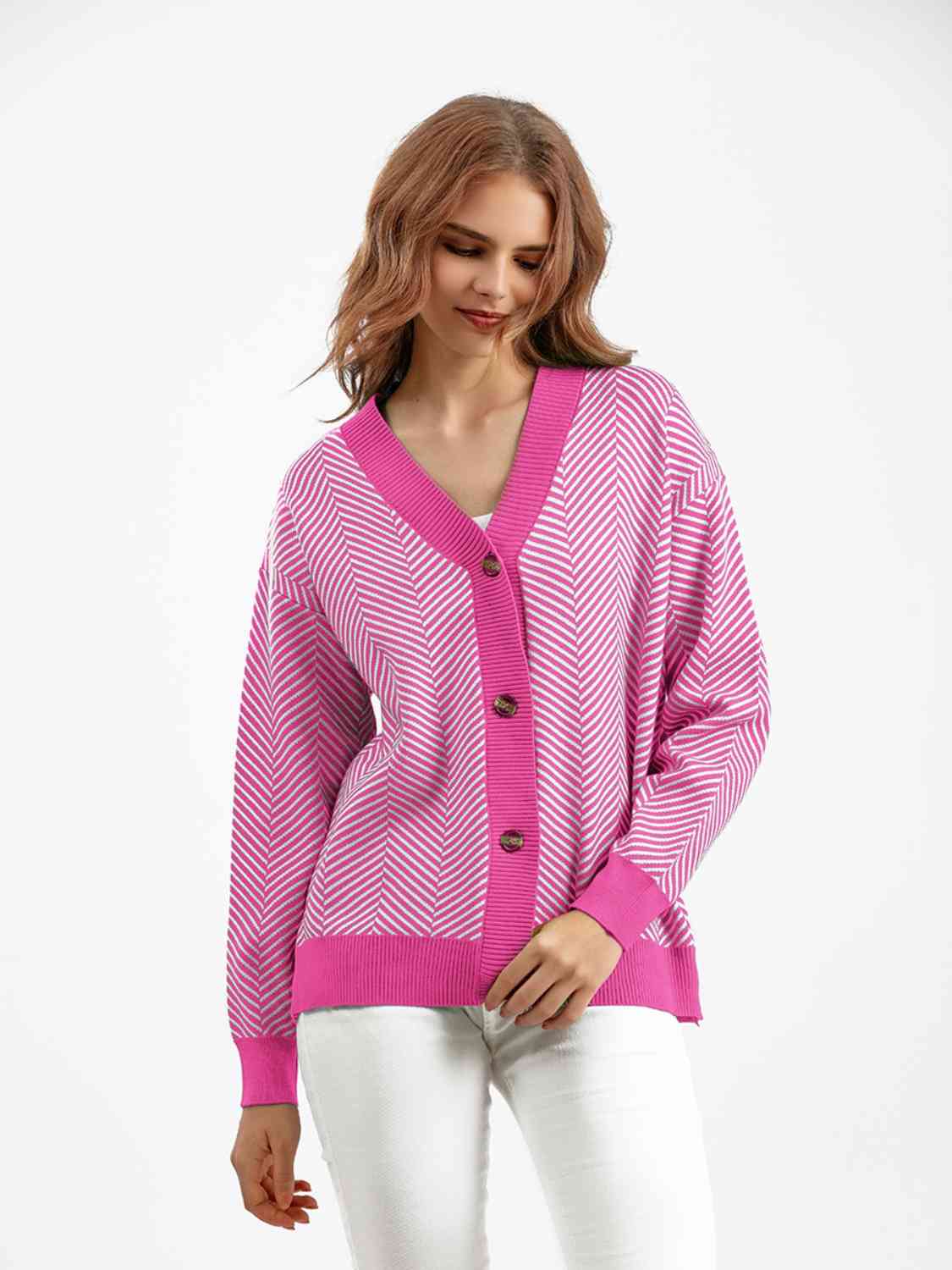 Button Down V-Neck Cardigan - Ladyez