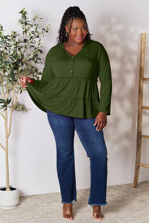 Double Take Half Button Long Sleeve Ruffle Hem Blouse - Ladyez