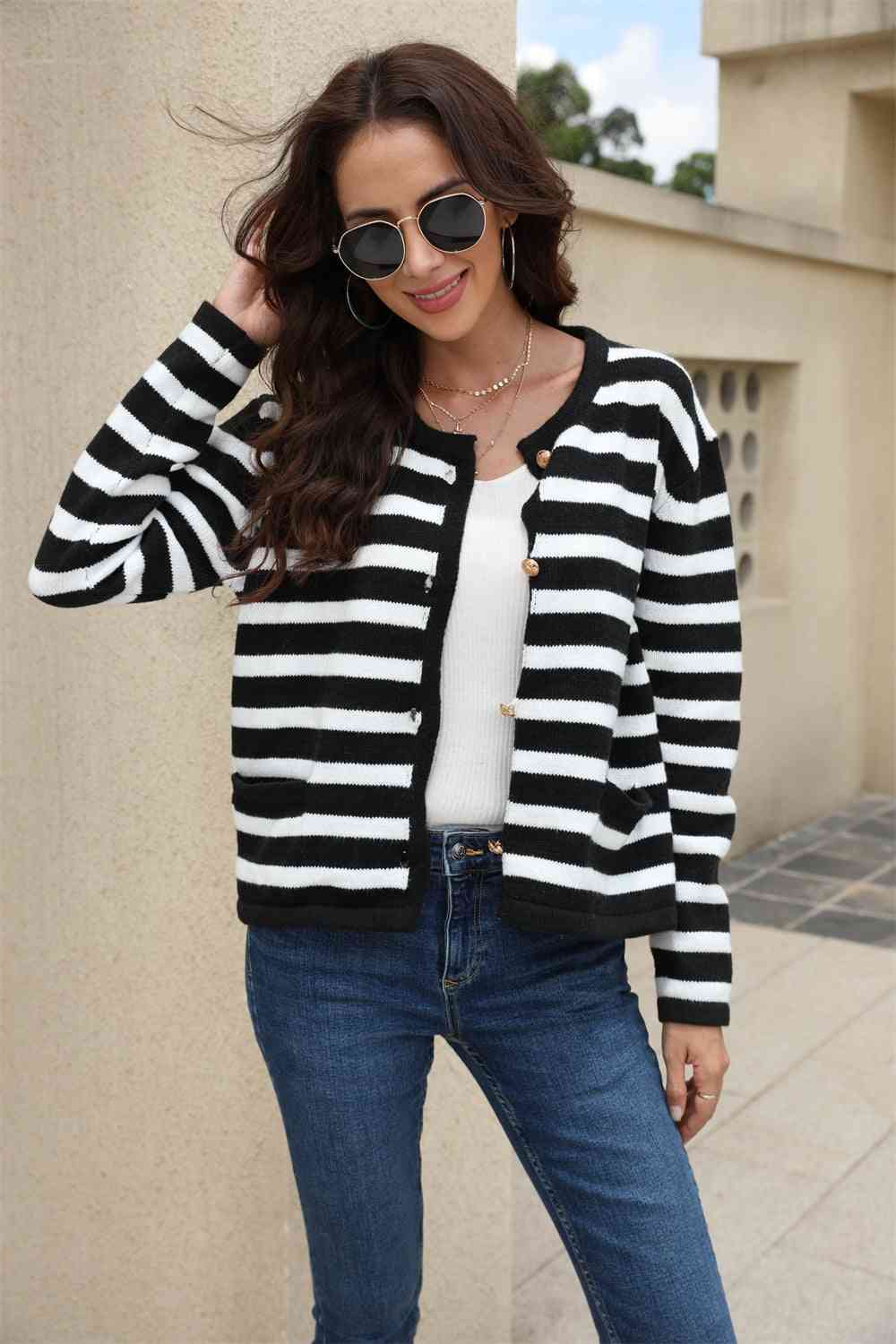 Striped Round Neck Button-Down Dropped Shoulder Cardigan - Ladyez