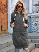 Zip-Up Longline Hoodie with Pockets - Ladyez
