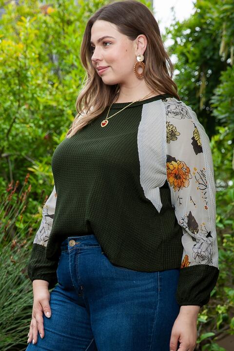 Plus Size Floral Waffle-Knit Round Neck Blouse - Ladyez