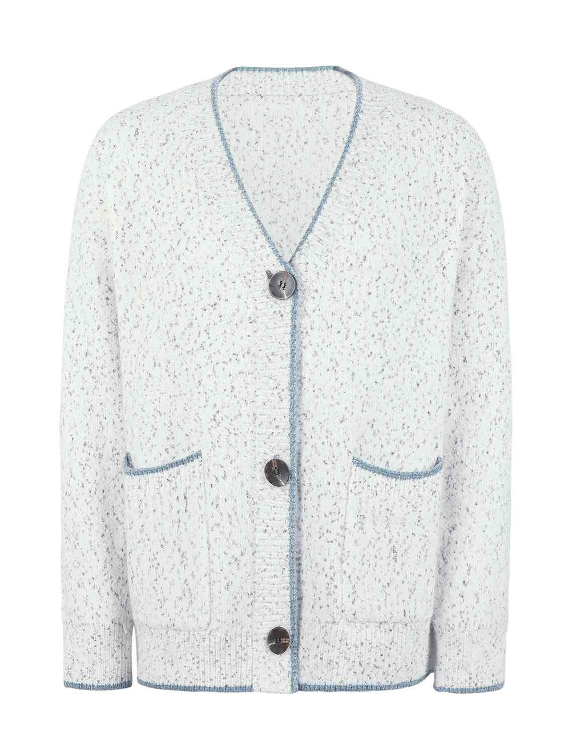 Button Down V-Neck Cardigan with Pockets - Ladyez