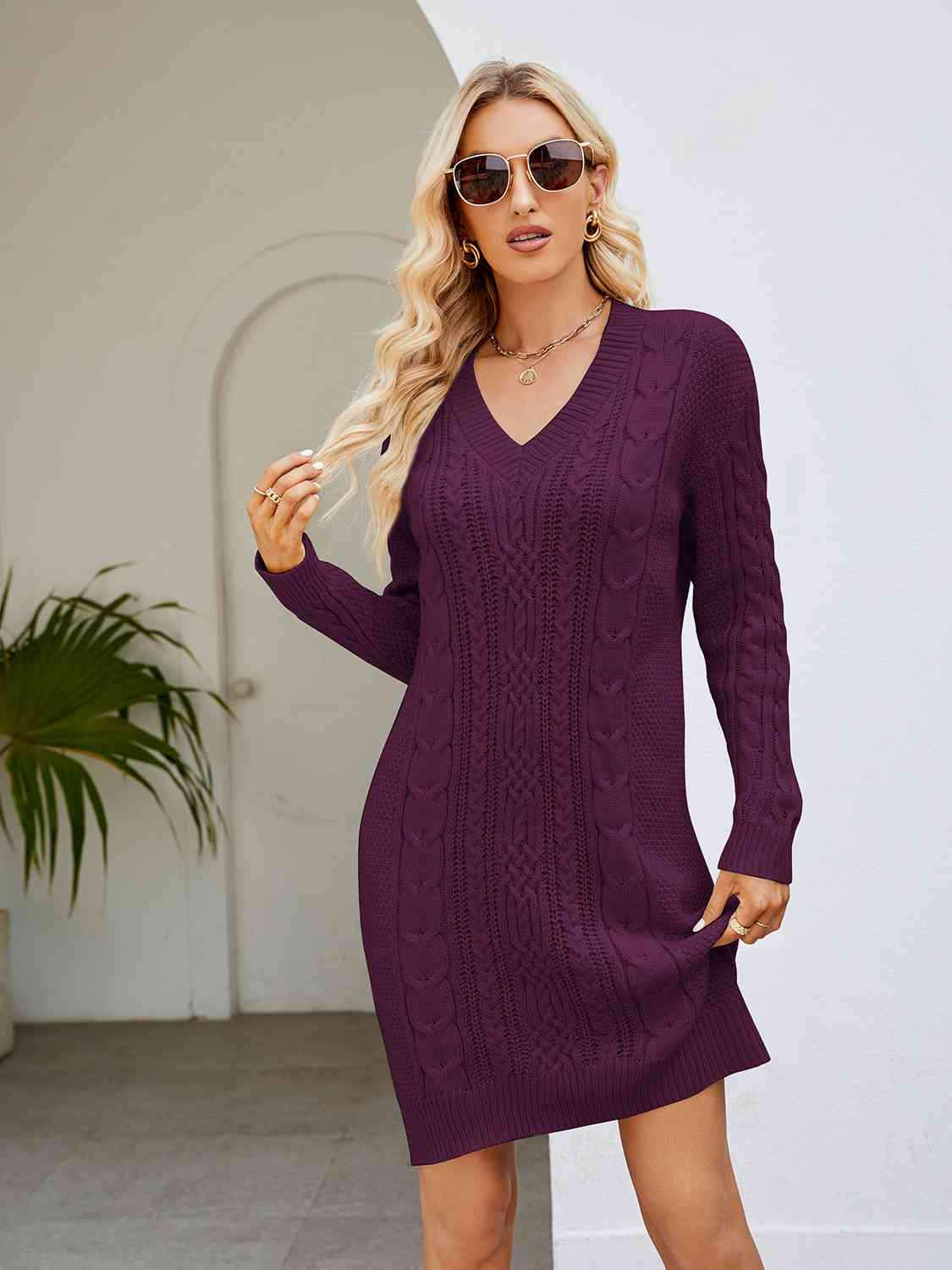 Cable-Knit V-Neck Mini Sweater Dress - Ladyez