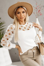 Hollowed Floral Lace Spliced Long Sleeve Blouse - Ladyez