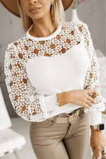 Hollowed Floral Lace Spliced Long Sleeve Blouse - Ladyez