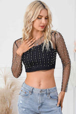 Pearl Long Sleeve Mesh Cropped Top - Ladyez