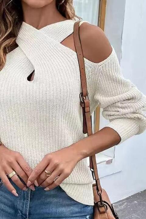 Crisscross Cold-Shoulder Sweater - Ladyez