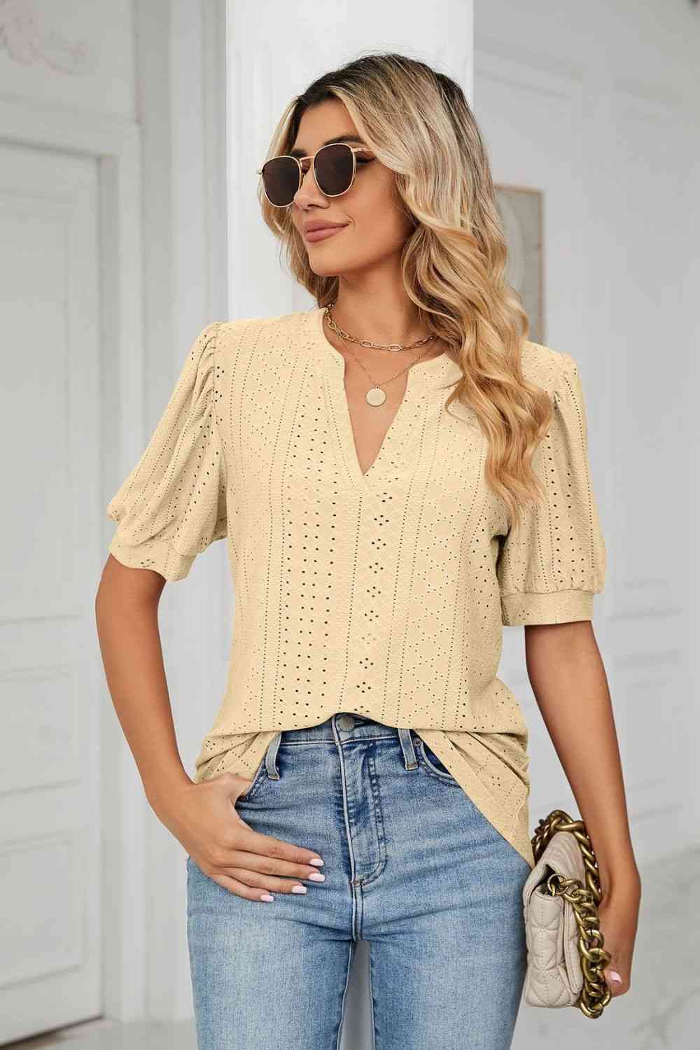Eyelet Short Puff Sleeve Notched Neck Top - Ladyez