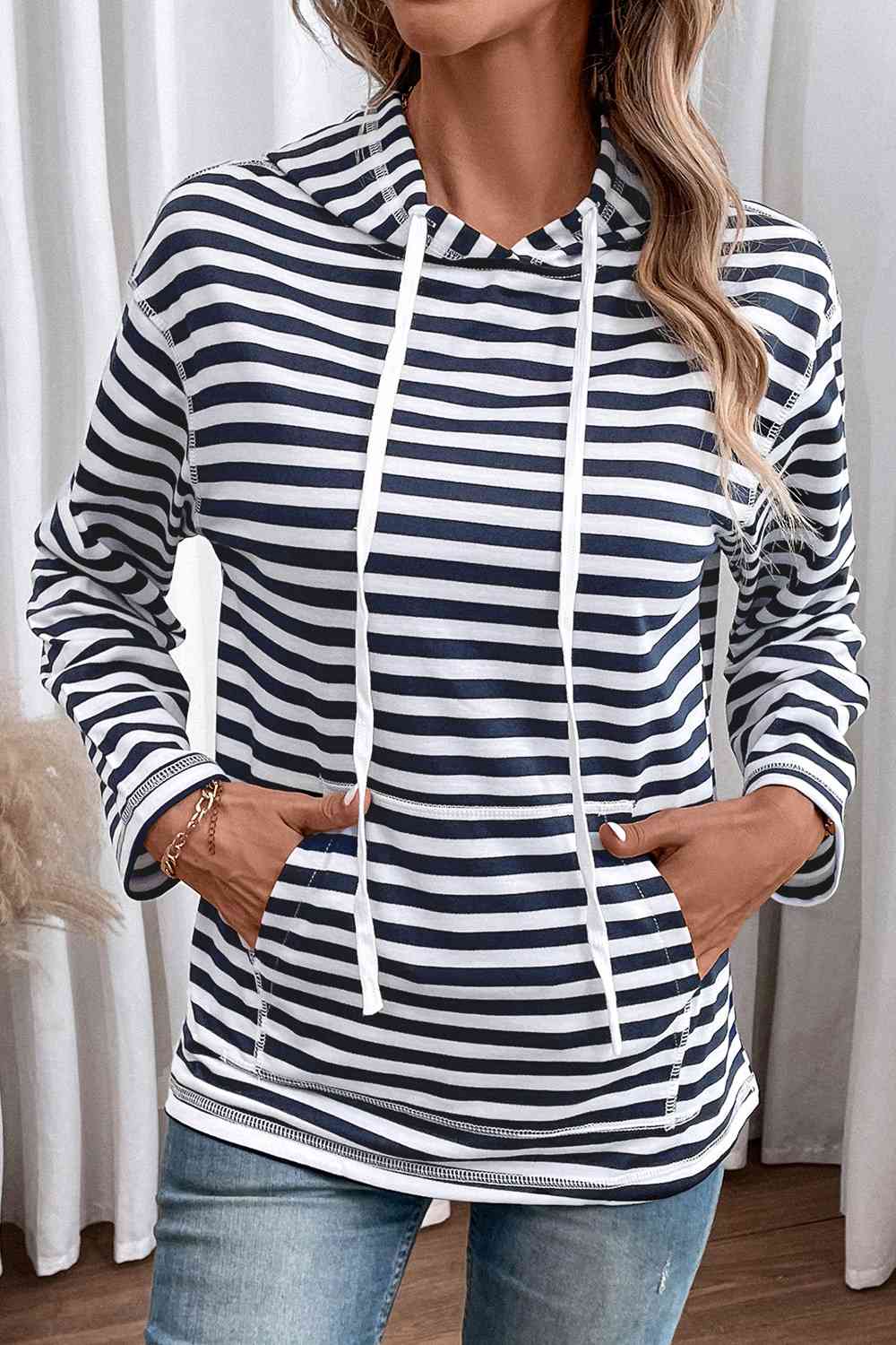 Striped Long Sleeve Hoodie - Ladyez