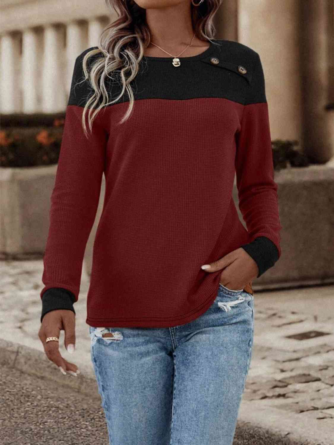 Contrast Buttoned Round Neck Long Sleeve T-Shirt - Ladyez