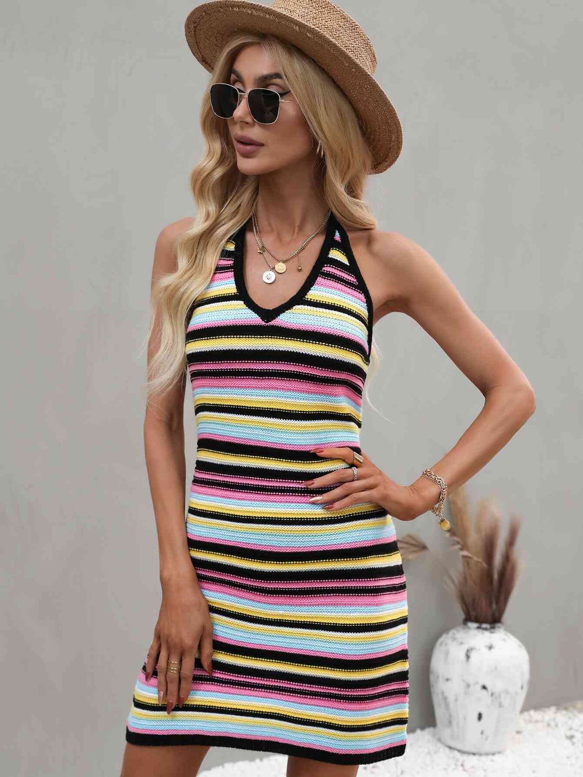 Striped Halter Neck Mini Sweater Dress - Ladyez