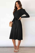 Round Neck Long Sleeve Tie Waist Sweater Dress - Ladyez