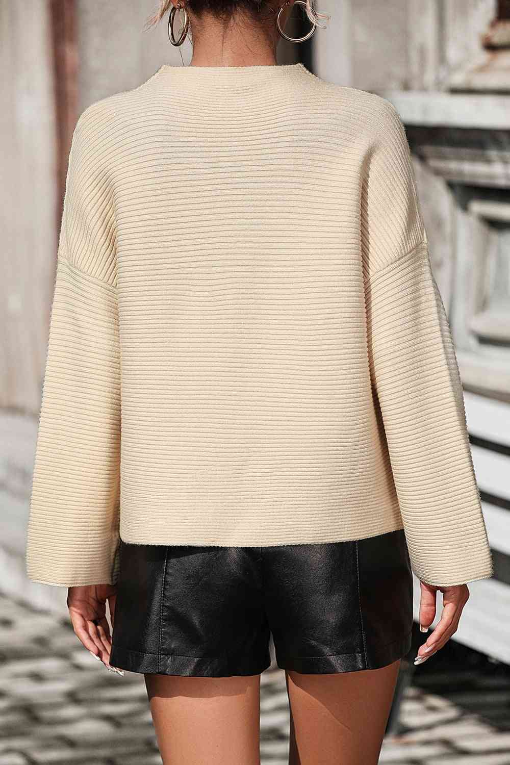 Mock Neck Dropped Shoulder Pullover Sweater - Ladyez