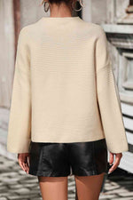 Mock Neck Dropped Shoulder Pullover Sweater - Ladyez