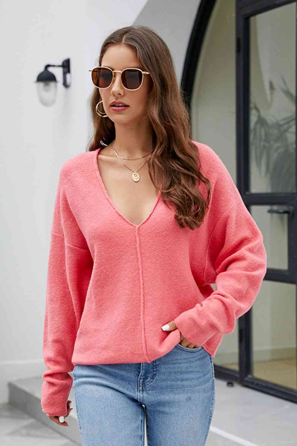 V-Neck Center Seam Sweater - Ladyez