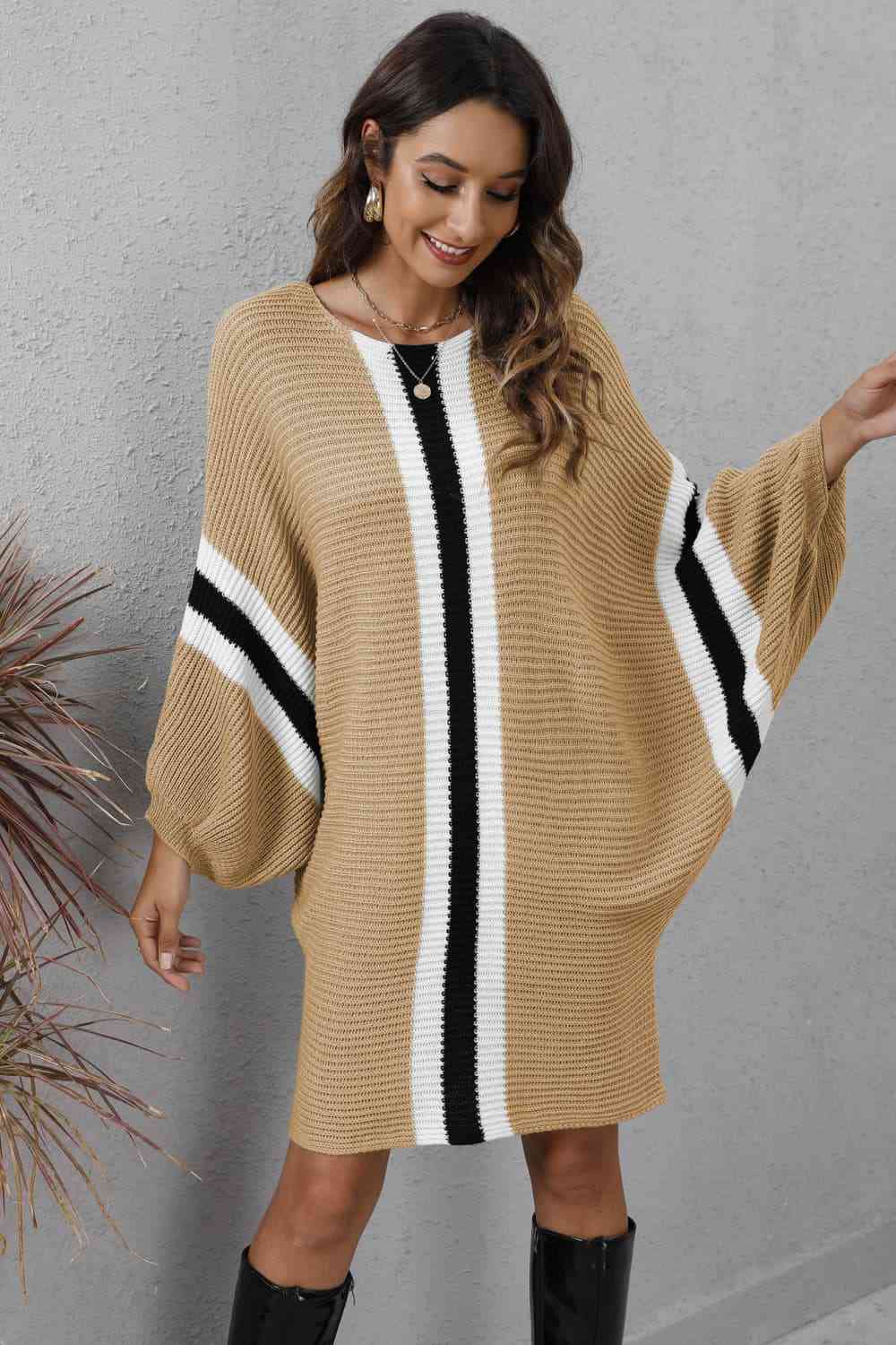 Ribbed Round Neck Long Sleeve Sweater Dress - Ladyez