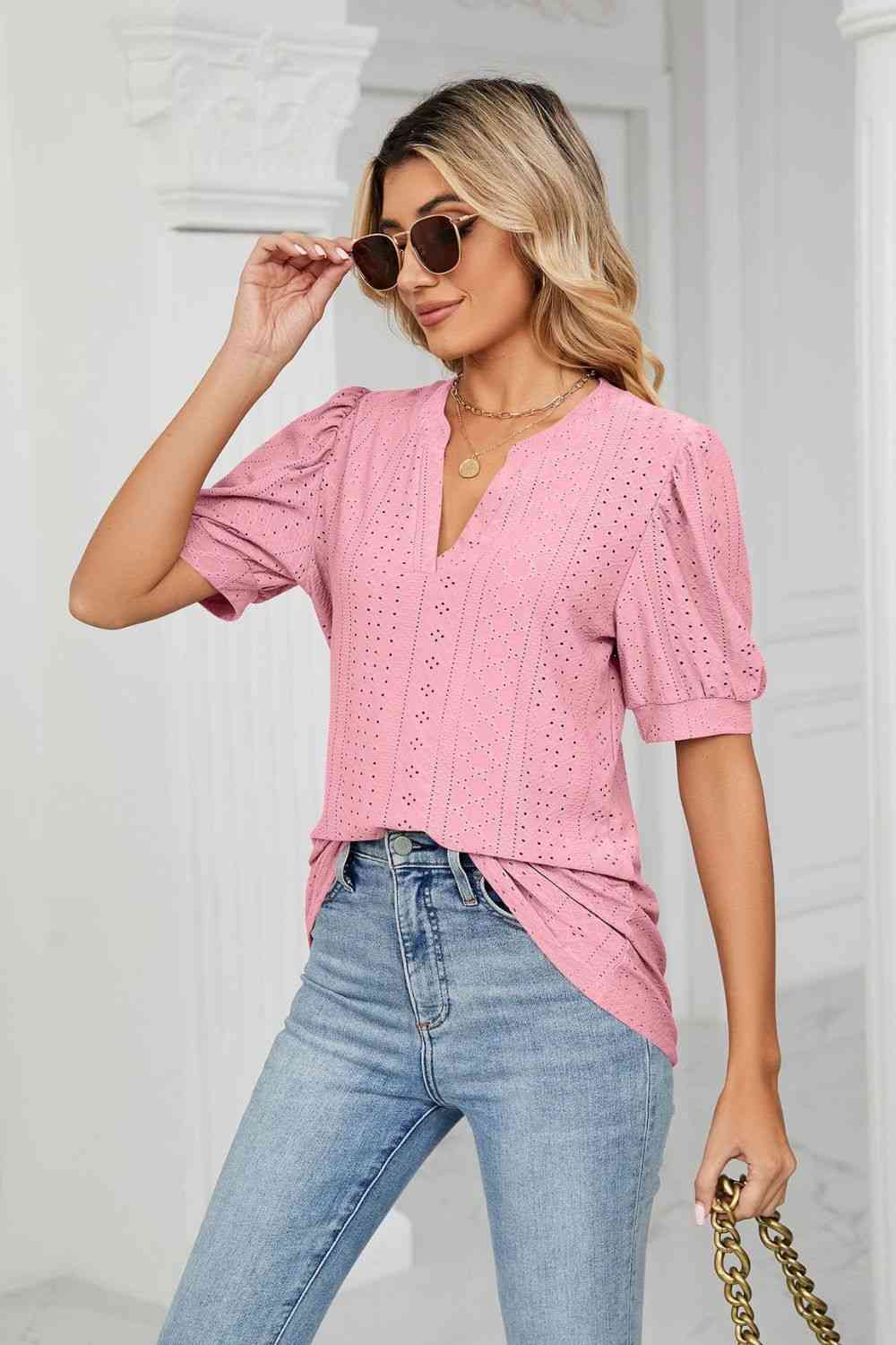 Eyelet Short Puff Sleeve Notched Neck Top - Ladyez
