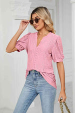 Eyelet Short Puff Sleeve Notched Neck Top - Ladyez
