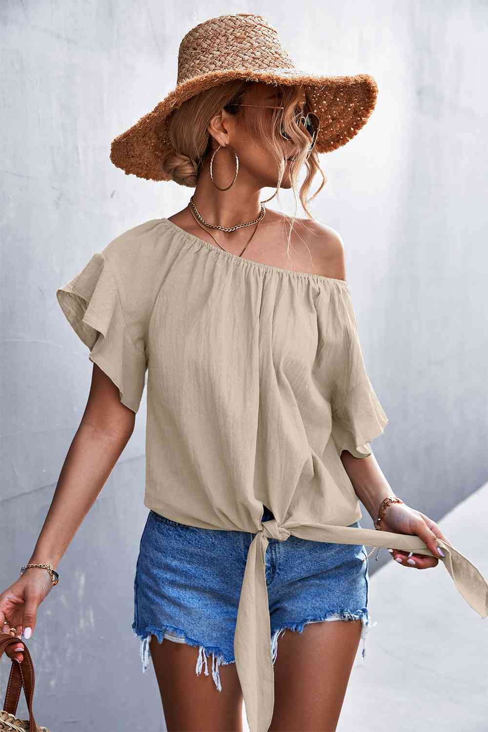 Flutter Sleeve Tie-Front Blouse - Ladyez