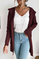 Double Take Ribbed Open Front Hooded Cardigan with Pockets - Ladyez