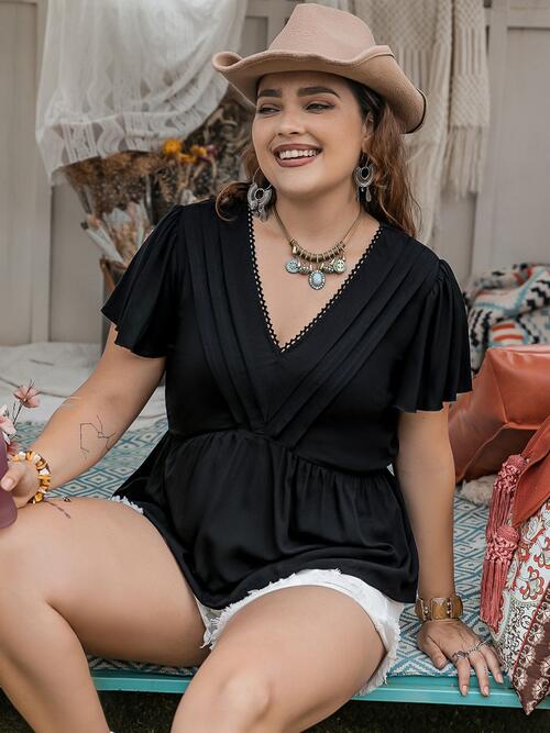 Plus Size V-Neck Flutter Sleeve Blouse - Ladyez