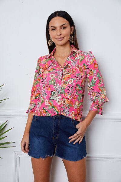 Floral Button Up Flounce Sleeve Shirt - Ladyez