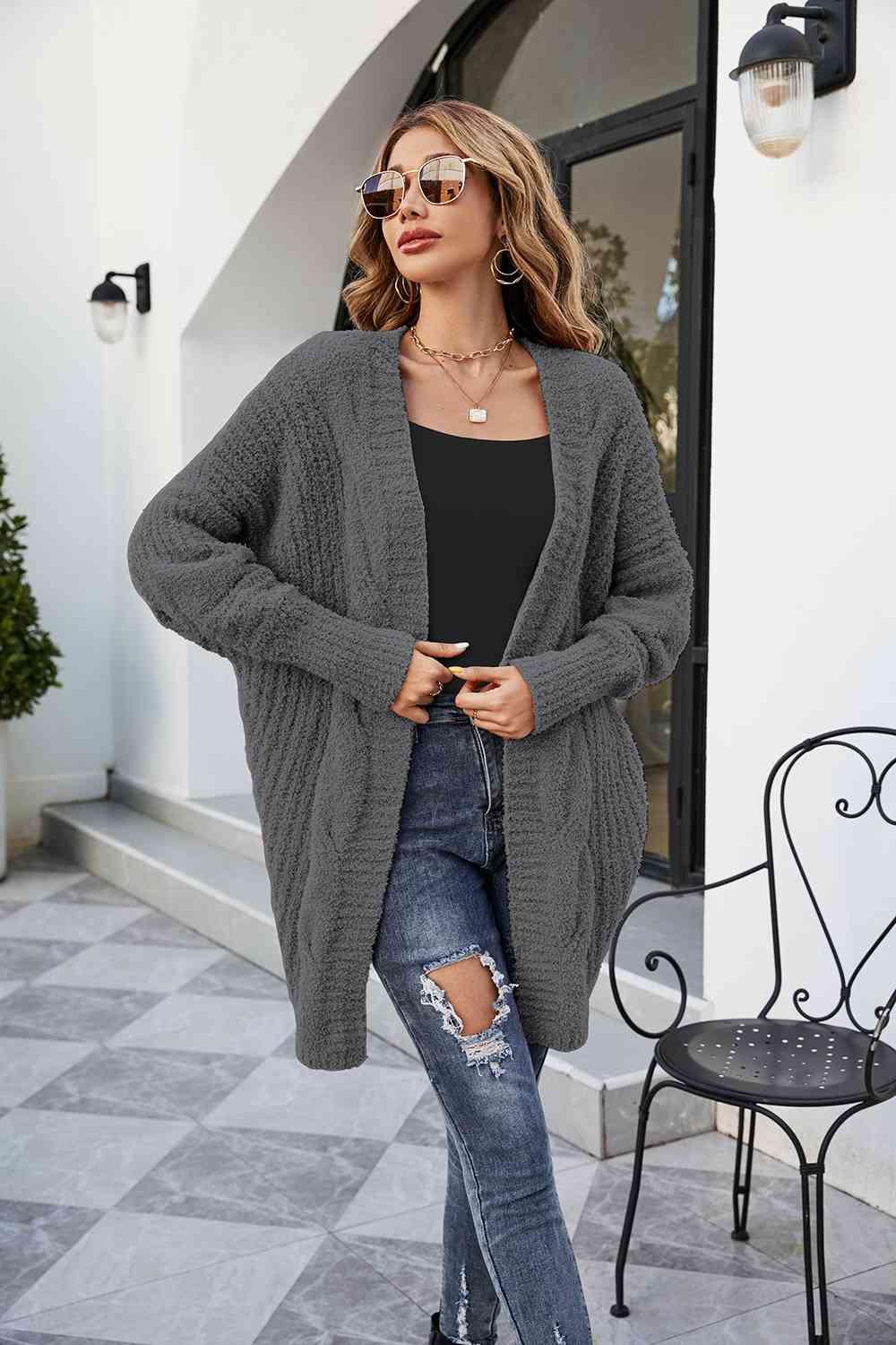 Open Front Dolman Sleeve Cardigan - Ladyez