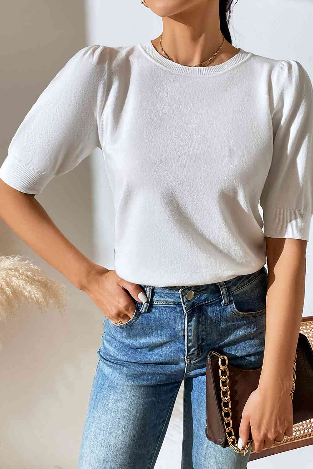 Round Neck Puff Sleeve Knit Top - Ladyez