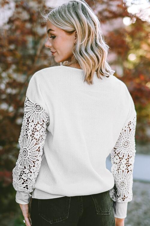 V-Neck Crochet Long Sleeve Blouse - Ladyez