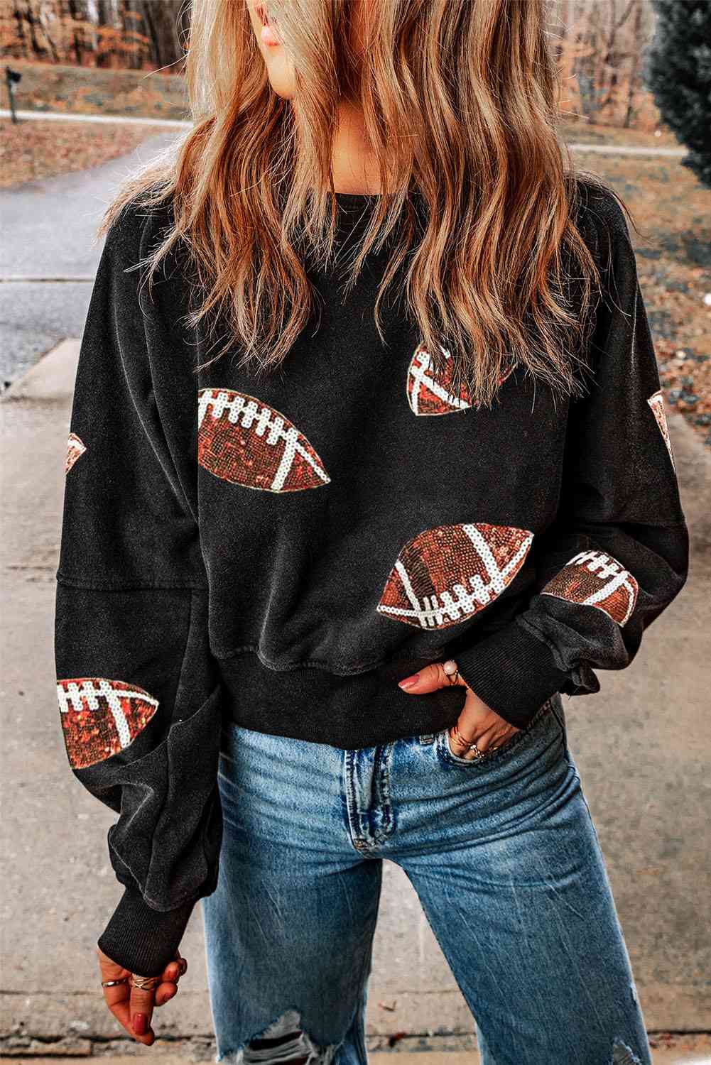 Sequin Football Patch Open Back Sweatshirt - Ladyez