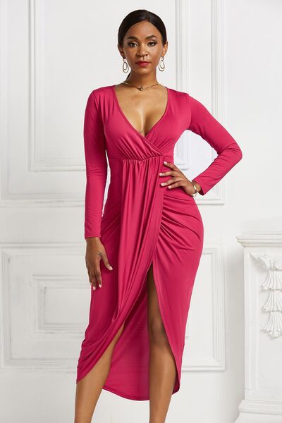 High-low Ruched Surplice Long Sleeve Dress - Ladyez