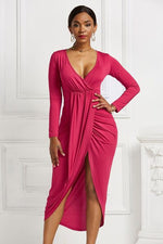 High-low Ruched Surplice Long Sleeve Dress - Ladyez