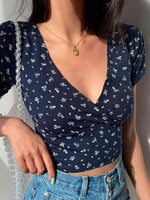 Floral Surplice Neck Short Sleeve Top - Ladyez
