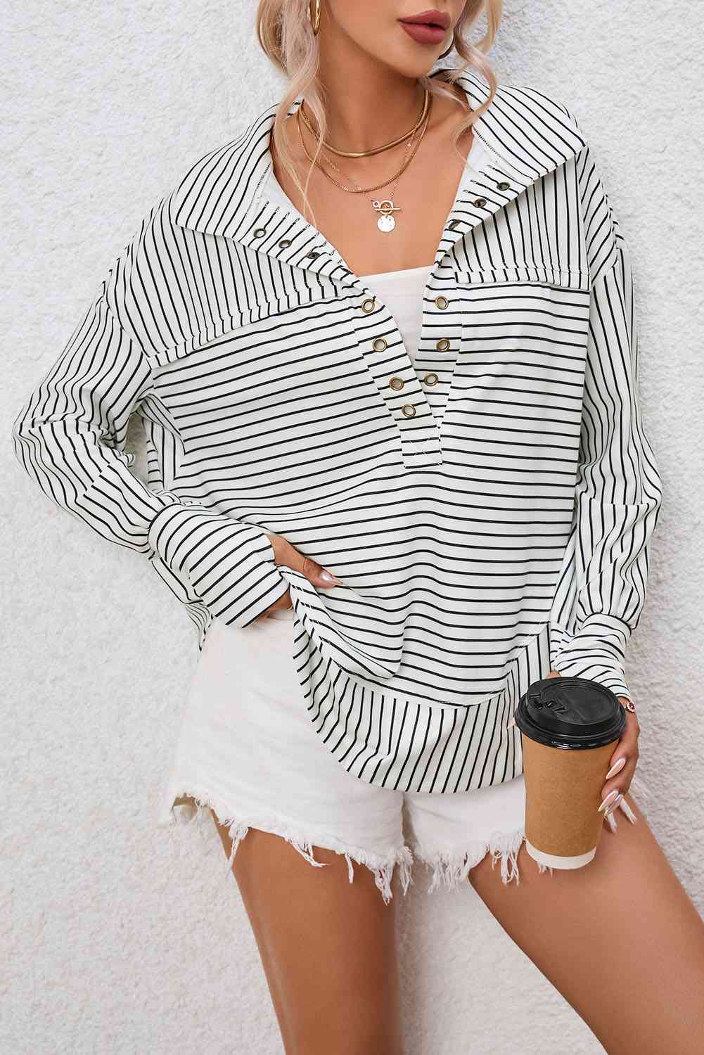 Full Size Striped Collared Top - Ladyez