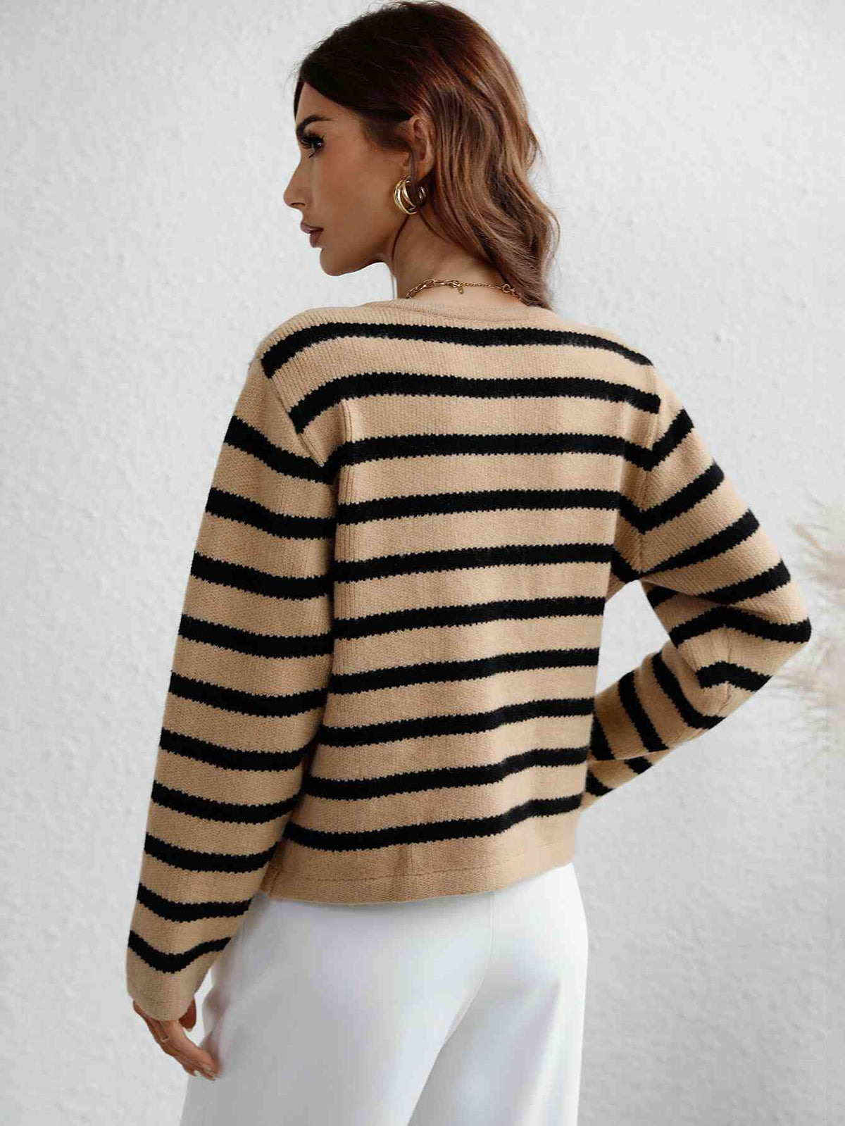 Woven Right Striped Button Front Cardigan - Ladyez