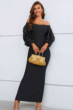 Off-Shoulder Bubble Sleeve Slit Dress - Ladyez