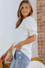 Smocked Flounce Sleeve Notched Neck Blouse - Ladyez